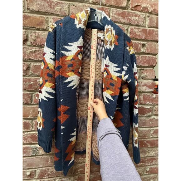 NWT Lucky Brand Southwestern Aztec Cardigan Sweater Navy Coatigan Medium NEW - Picture 8 of 11